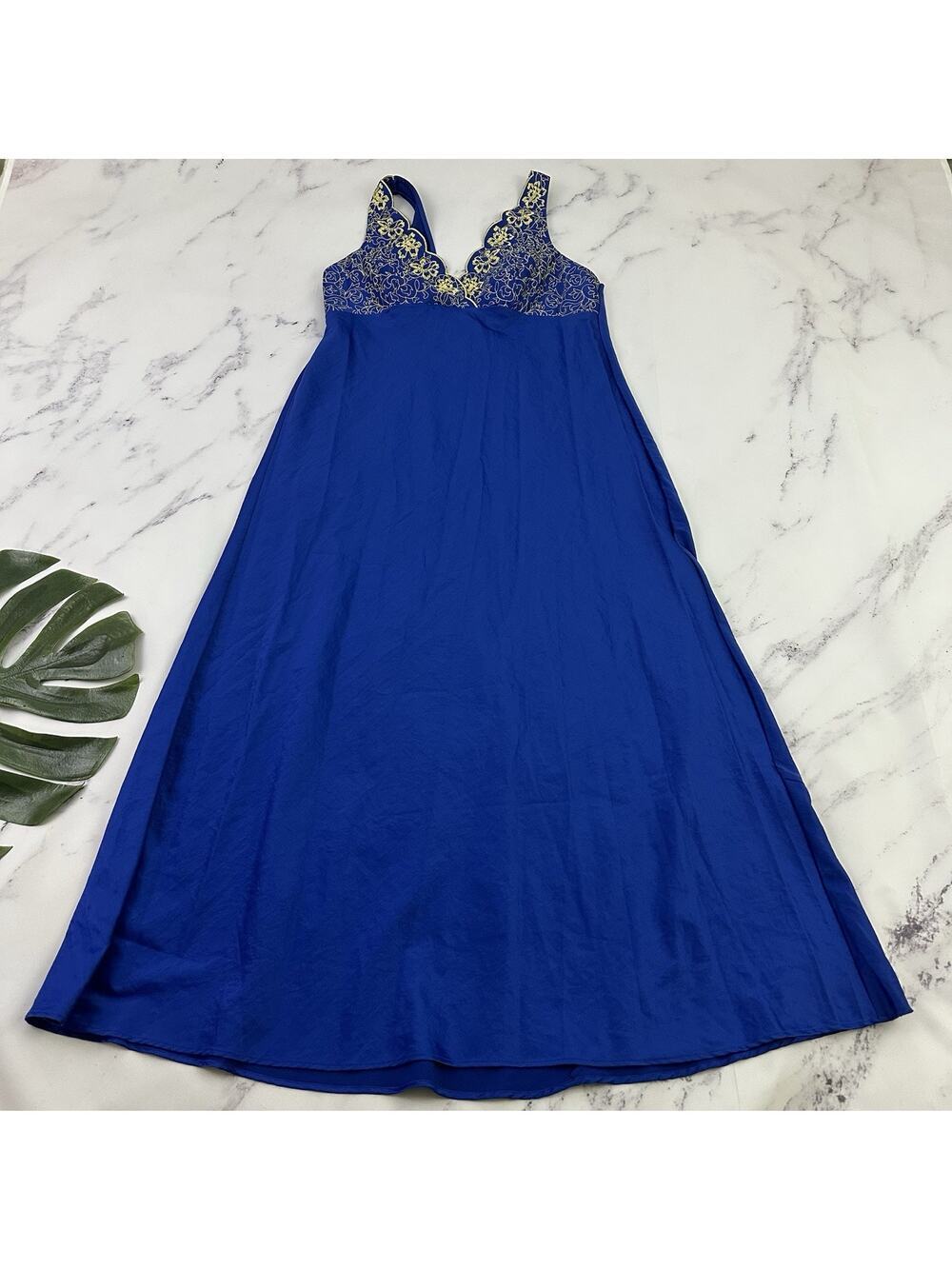 Cabernet Womens Vintage 90s Nightgown Size M Blue Gold Floral Embroidered Long
